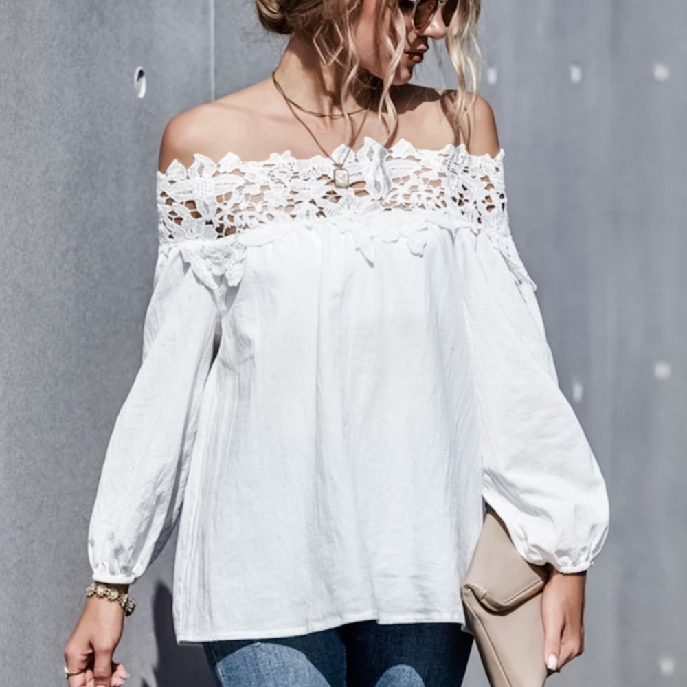 Lace Off-the-Shoulder Top – Puff Sleeves, Boho Chic, All Season